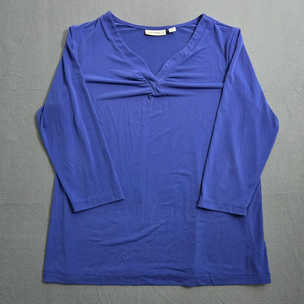 Susan Graver M Liquid Knit Split V-Neck 3/4 Sleeve Royal Blue Blouse - Picture 1 of 8